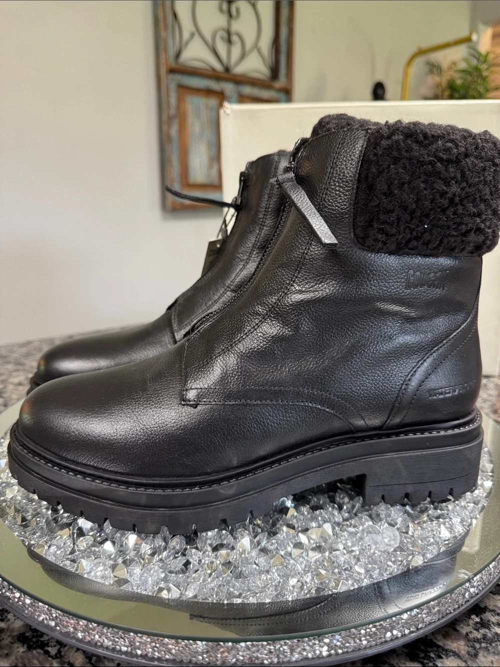 Cougar Vow Black Waterproof Leather Winter Ankle Boots with Shearling Cuff NEW